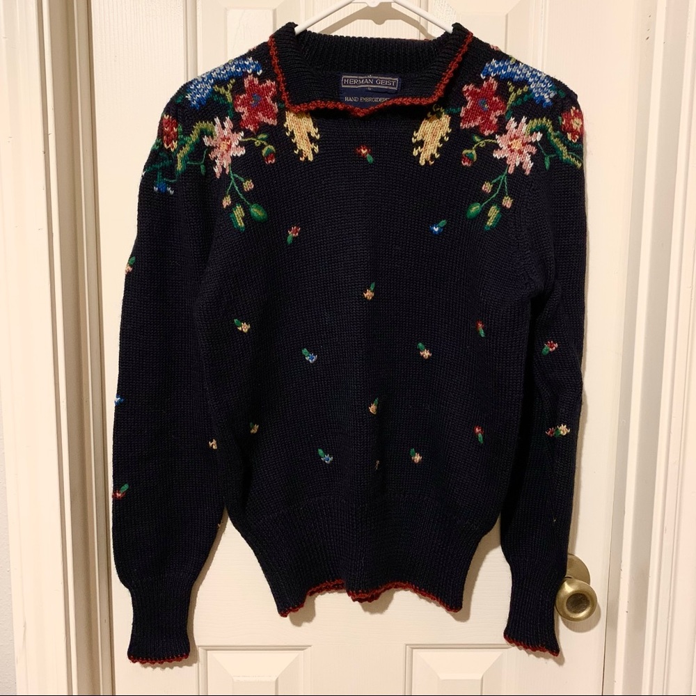 SOLD Vintage Herman Geist Hand Embroidered Floral Sweater